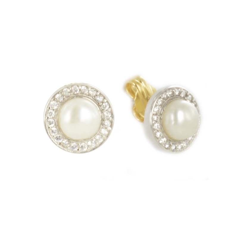 Pendiente Oro Blanco 18K perla y circonitas
