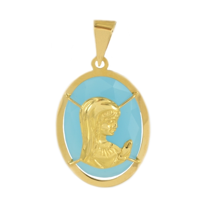 Colgante oro Virgen Ágata azul