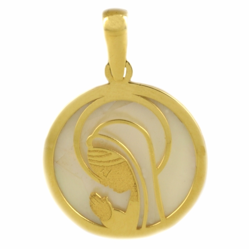 Medalla Oro Amarillo 18K y Nácar, Virgen Niña  Comunión.