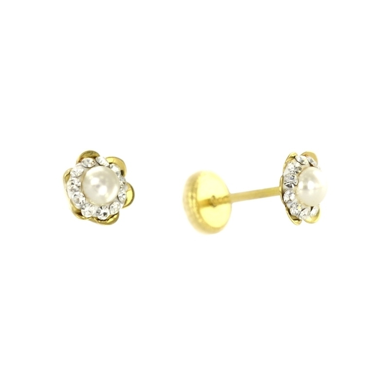 Pendientes oro Flor perla con multipiedra